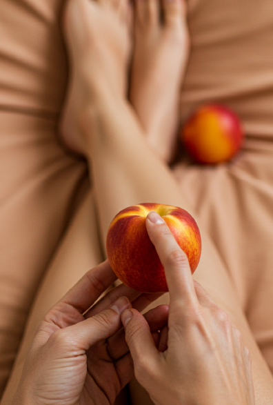 Mujer sensual sosteniendo un durazno con ambas manos, enfoque en la fruta.